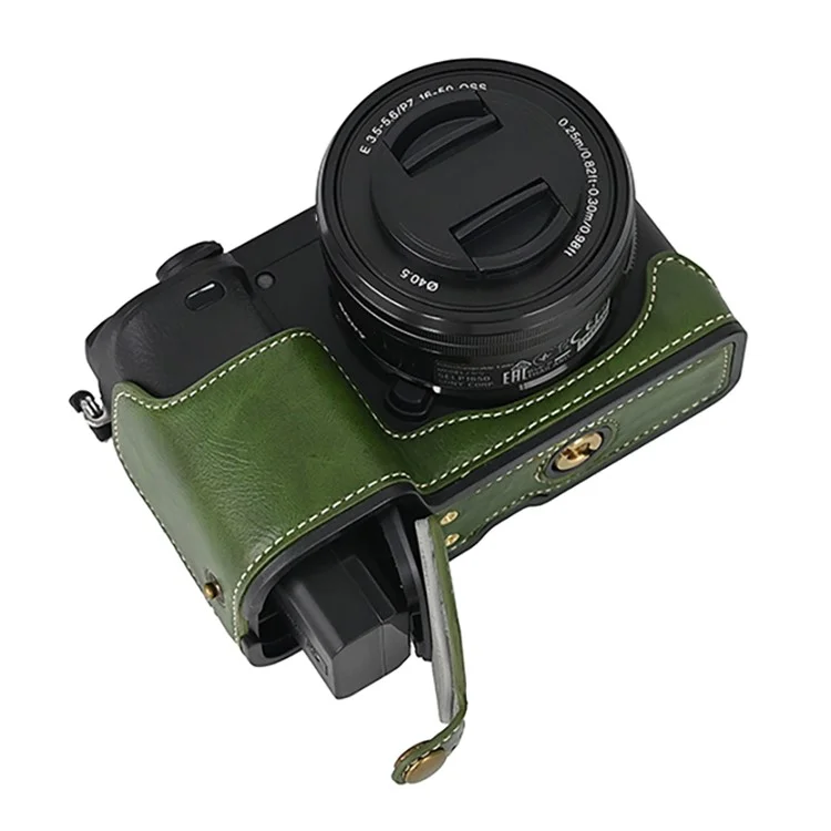 Camera Cover for Sony A6400 / A6300 / A6100 / A6000 Battery Opening Design PU Leather Half Body Bottom Case with Wrist Strap - Green