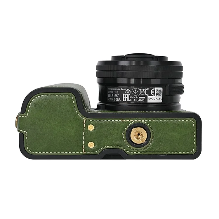 Camera Cover for Sony A6400 / A6300 / A6100 / A6000 Battery Opening Design PU Leather Half Body Bottom Case with Wrist Strap - Green