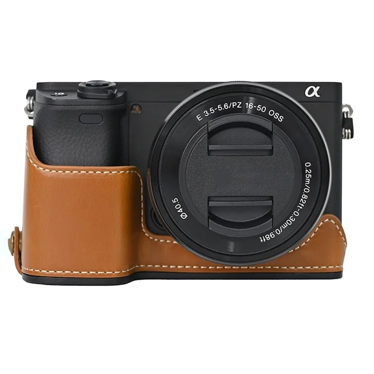 Camera Cover for Sony A6400 / A6300 / A6100 / A6000 Battery Opening Design PU Leather Half Body Bottom Case with Wrist Strap - Brown