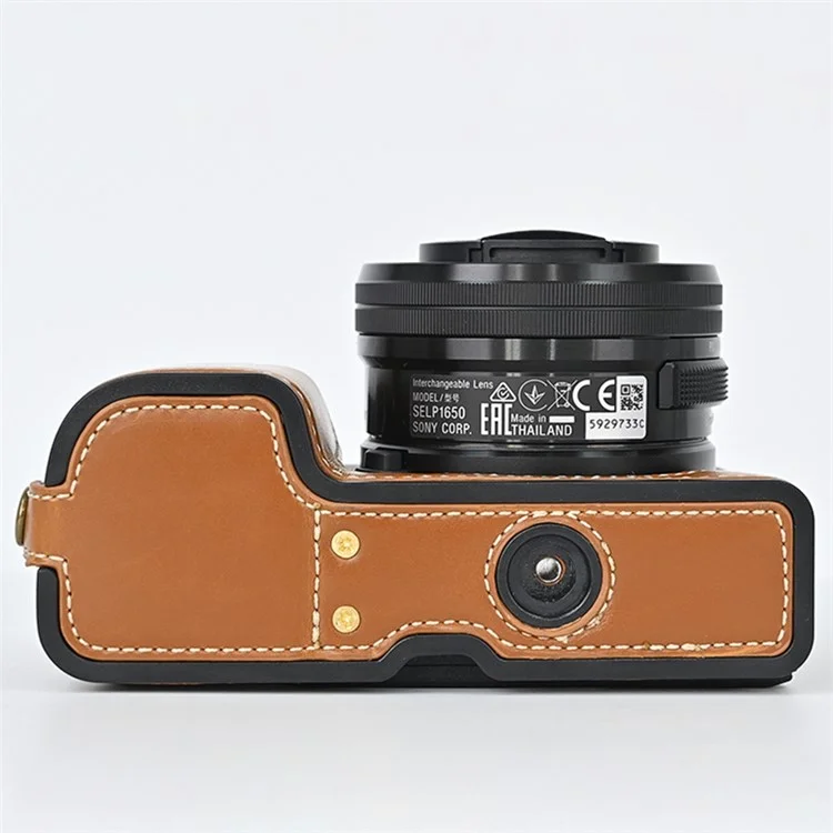 Camera Cover for Sony A6400 / A6300 / A6100 / A6000 Battery Opening Design PU Leather Half Body Bottom Case with Wrist Strap - Brown