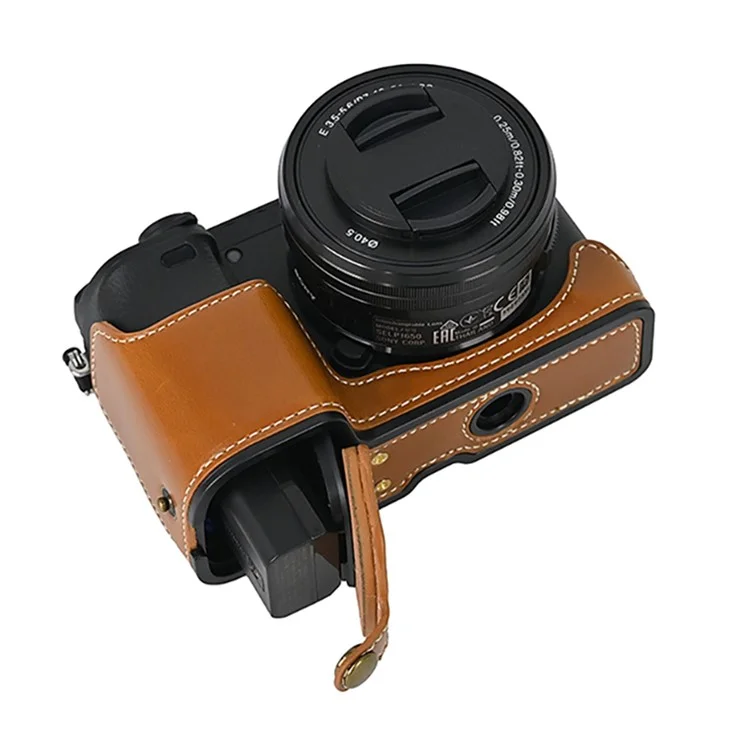 Camera Cover for Sony A6400 / A6300 / A6100 / A6000 Battery Opening Design PU Leather Half Body Bottom Case with Wrist Strap - Brown