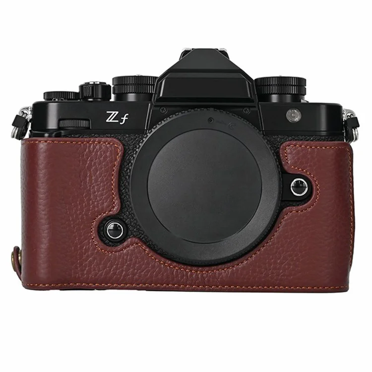 Para Nikon Z f Genuine Cow Leather Bottom Case Half Camera Cover com Abertura para Bateria - Café