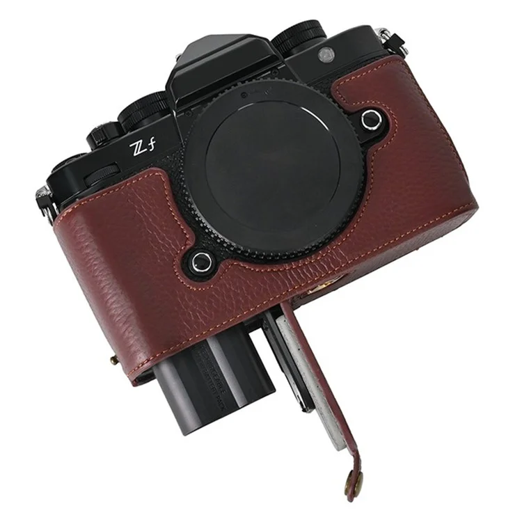Para Nikon Z f Genuine Cow Leather Bottom Case Half Camera Cover com Abertura para Bateria - Café