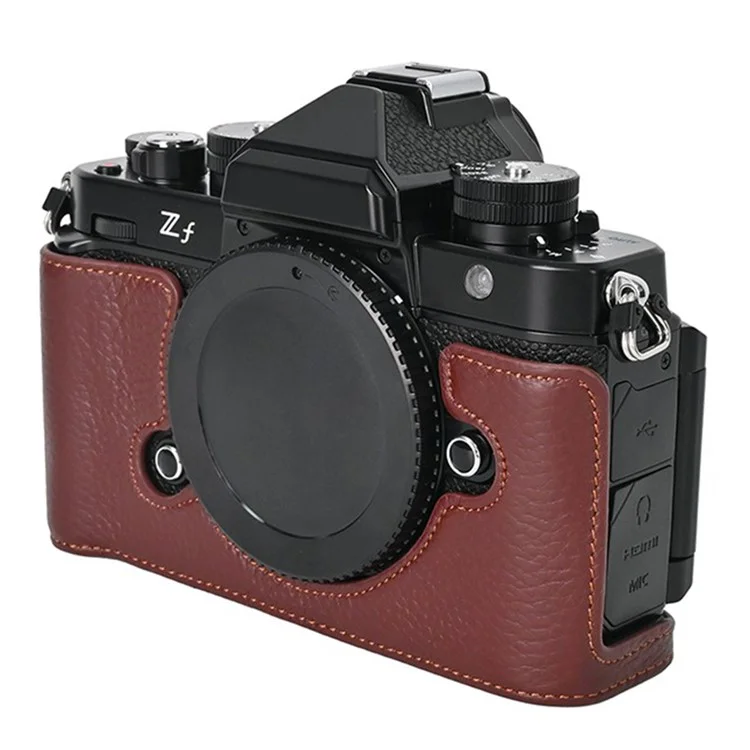 Para Nikon Z f Genuine Cow Leather Bottom Case Half Camera Cover com Abertura para Bateria - Café