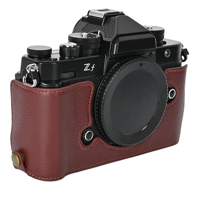 Para Nikon Z f Genuine Cow Leather Bottom Case Half Camera Cover com Abertura para Bateria - Café