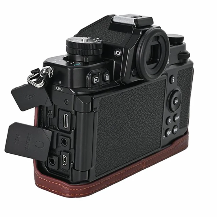 Para Nikon Z f Genuine Cow Leather Bottom Case Half Camera Cover com Abertura para Bateria - Café