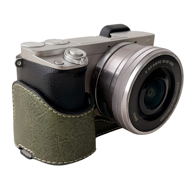 For Sony A6400 / A6300 / A6100 / A6000 PU Leather Camera Bottom Cover Screw Hole Half Body Case - Green