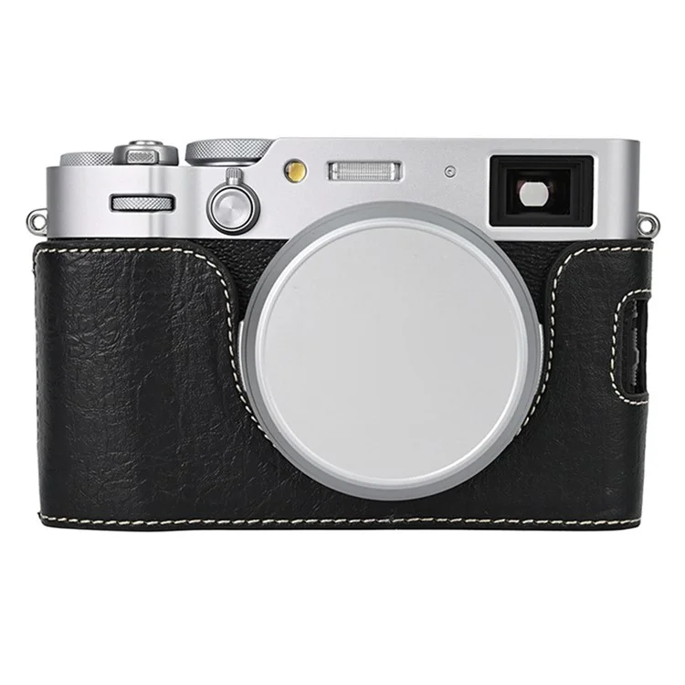 For Fujifilm X100VI Tree Grain PU Leather Camera Bottom Cover Half Body Case with Battery Opening - Black