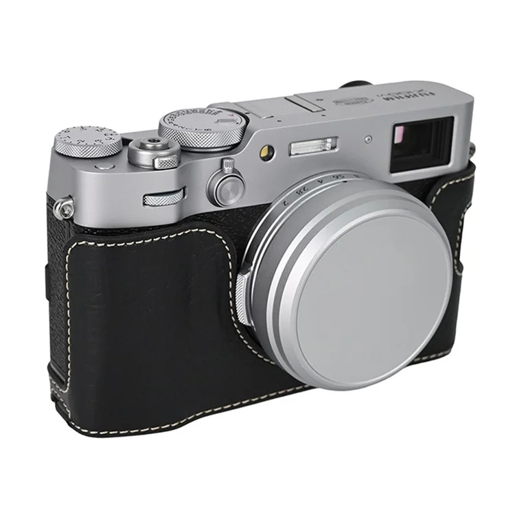 For Fujifilm X100VI Tree Grain PU Leather Camera Bottom Cover Half Body Case with Battery Opening - Black