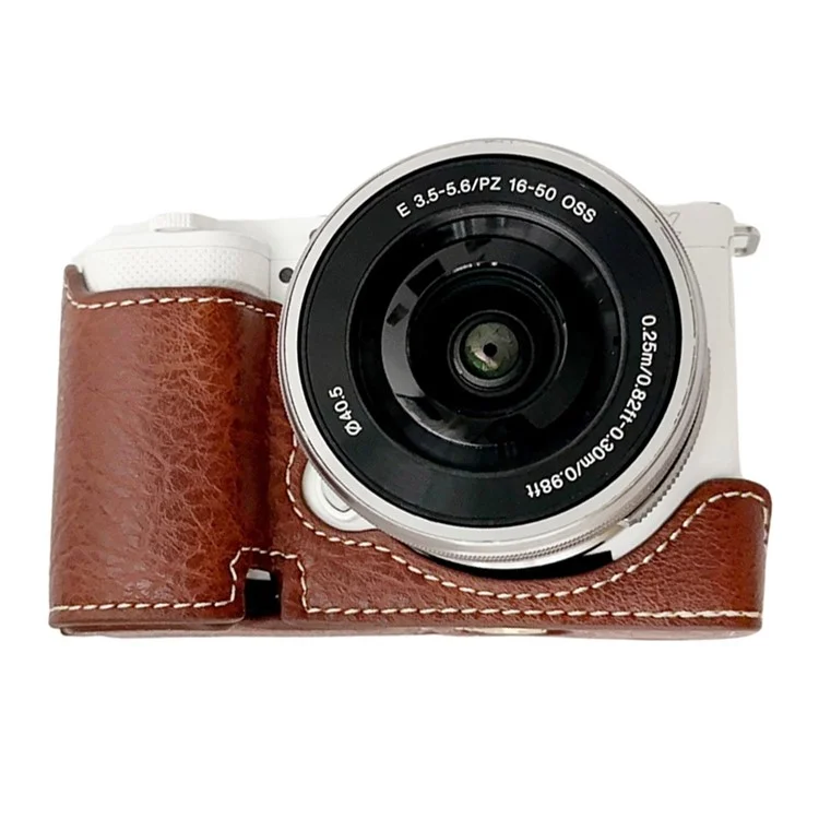 For Sony Alpha ZV-E10 Leather Camera Bottom Cover Buffalo Texture Half Body Case with Battery Opening - Brown