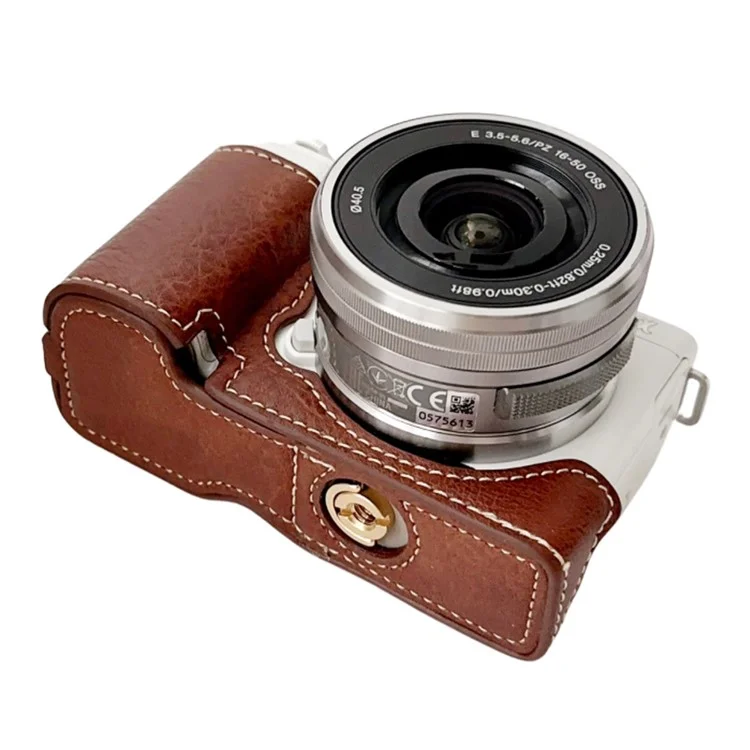 For Sony Alpha ZV-E10 Leather Camera Bottom Cover Buffalo Texture Half Body Case with Battery Opening - Brown