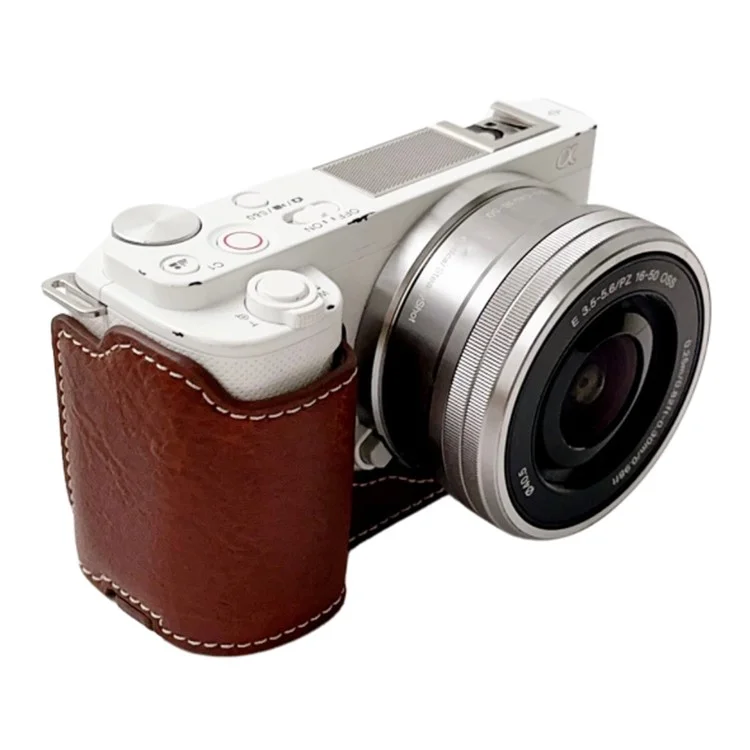 For Sony Alpha ZV-E10 Leather Camera Bottom Cover Buffalo Texture Half Body Case with Battery Opening - Brown