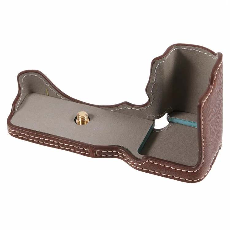 For Sony Alpha ZV-E10 Leather Camera Bottom Cover Buffalo Texture Half Body Case with Battery Opening - Brown