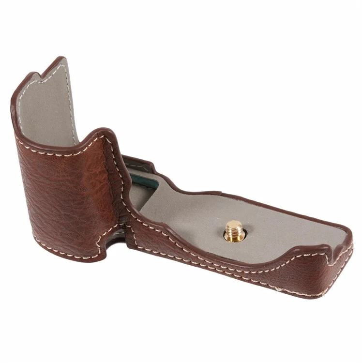 For Sony Alpha ZV-E10 Leather Camera Bottom Cover Buffalo Texture Half Body Case with Battery Opening - Brown