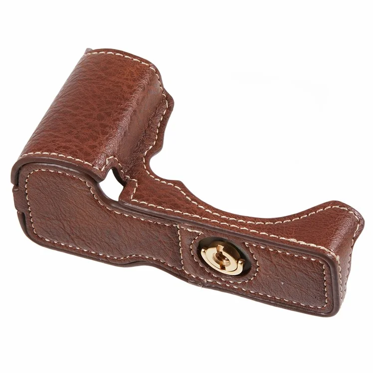 For Sony Alpha ZV-E10 Leather Camera Bottom Cover Buffalo Texture Half Body Case with Battery Opening - Brown