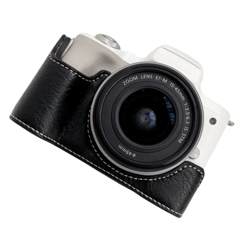 For Canon EOS M50 Mark II /  M50 / M5 Leather Camera Bag Half Body Case with Battery Opening Buffalo Texture - Black