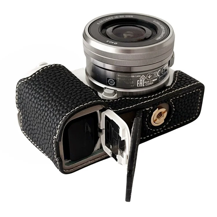 For Sony ZV-E10 Litchi Texture Leather Camera Bag Bottom Case with Battery Opening - Black