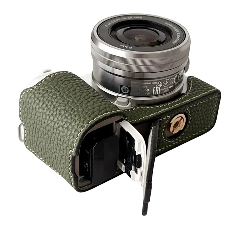 Para Sony ZV-E10 Litchi Texture Leather Camera Bag Bottom Case com Abertura para Bateria - Verde