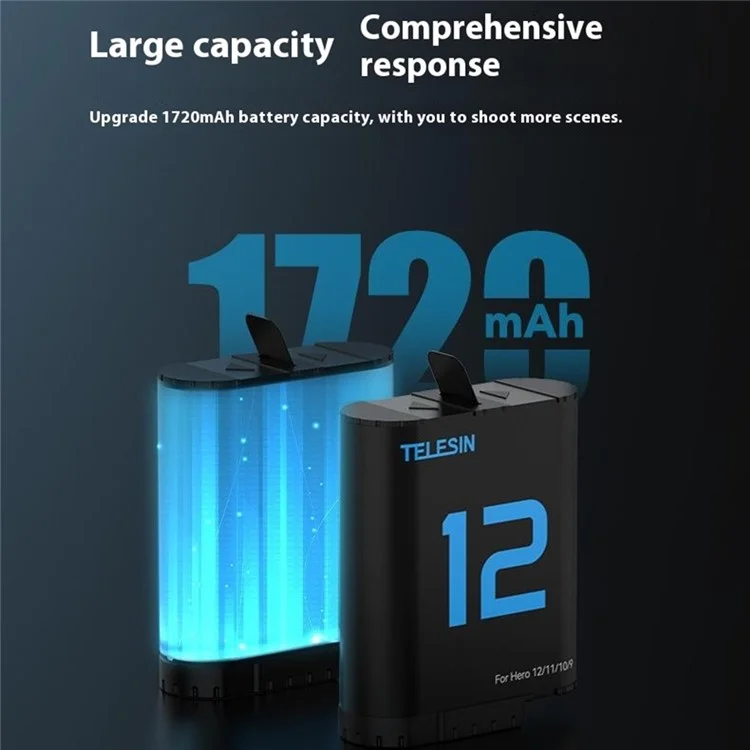 TELESIN S0-ECB-02-TGP Pour GoPro Hero 12 / 11 / 10 / 9 Batterie double arc Décodage complet Batterie 1720mAh