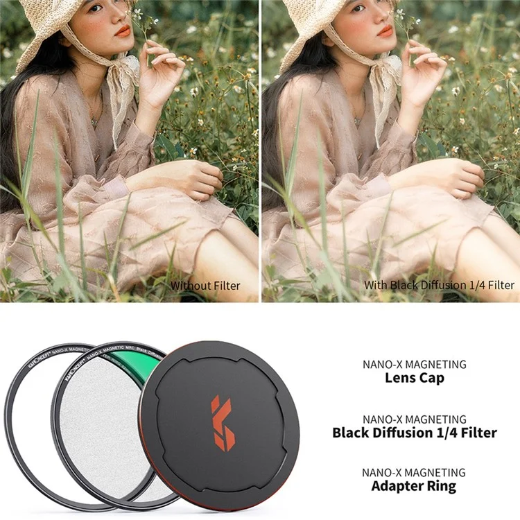 K&F CONCEPT SKU.1824 HD Clear Waterproof 82mm Magnetic Black Soft Diffusion 1 / 4 Filter+Magnetic Adapter Ring+Lens Cap для Камеры Объектив