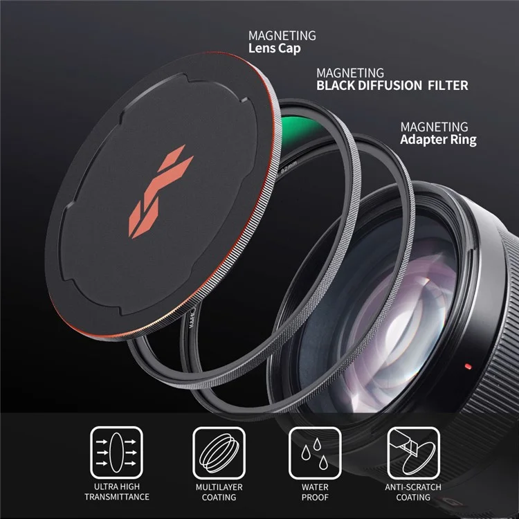 K&F CONCEPT Чёрный магнитный мягкий фильтр диффузии 1/8 82 мм + магнитное адаптерное кольцо + крышка объектива для камеры 