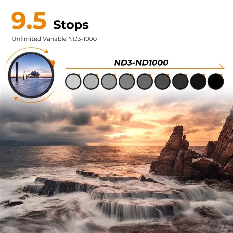 K&F CONCEPT Nano-X Série 82mm ND3-ND1000 Filtre 9,5 arrêts Filtre ajustable HD Hydrophobe Anti-Réflexion Revêtement vert Filtre avec Putter 