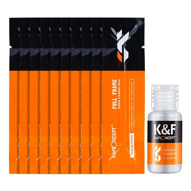 Conjunto de limpeza de câmera DSLR com 10 cotonetes de 24 mm + 20 ml de líquido de limpeza para sensor APS-C da K&F CONCEPT 
