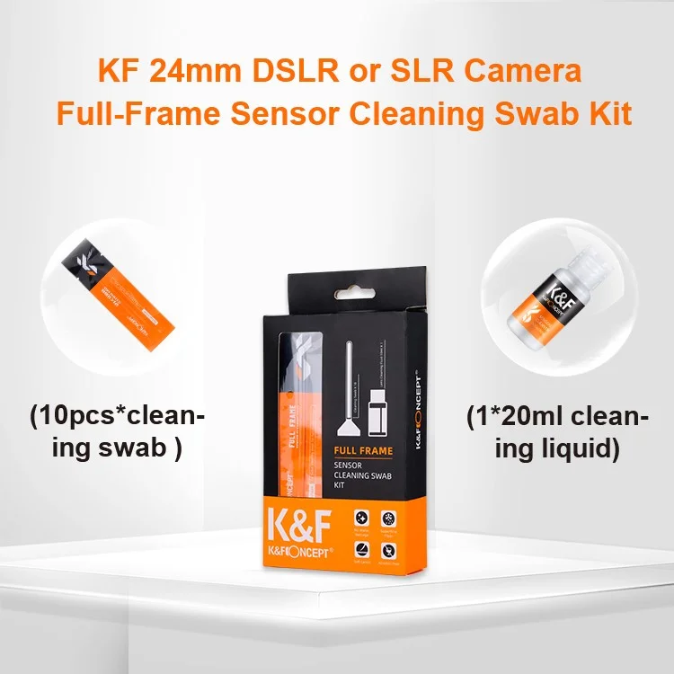 Conjunto de limpeza de câmera DSLR com 10 cotonetes de 24 mm + 20 ml de líquido de limpeza para sensor APS-C da K&F CONCEPT 