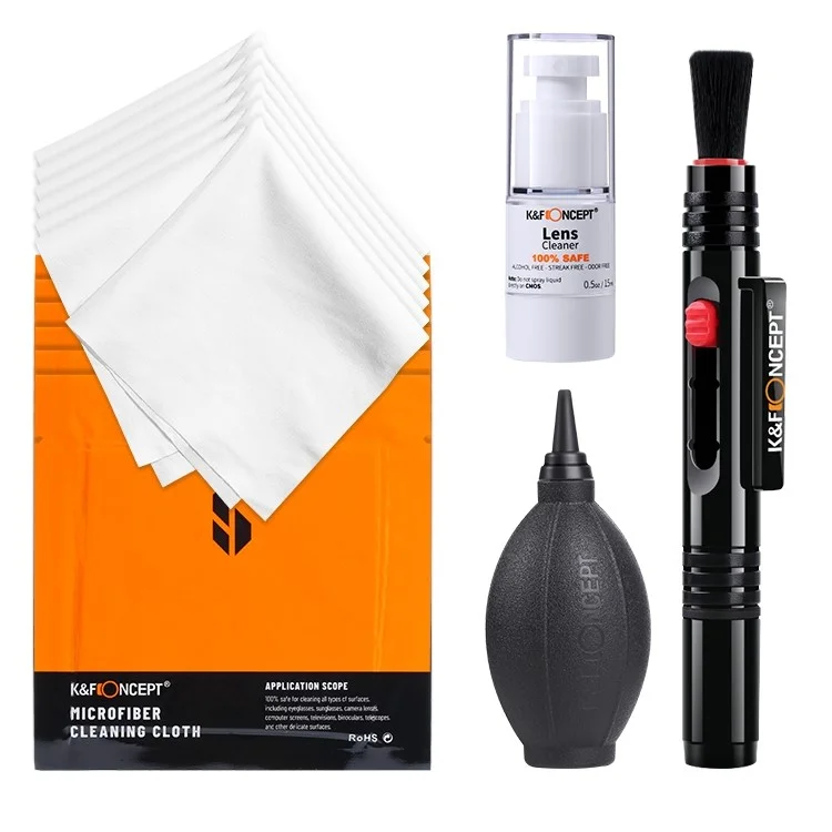 K&F CONCEPT Kit de Limpeza para Câmera 4 em 1 com Soprador de Ar + Caneta de Limpeza + Pano de Limpeza + Líquido de Limpeza para Lentes de Câmera / Filtros / Sensor / Tela