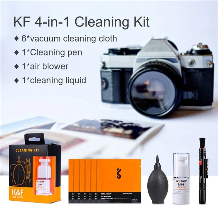 K&F CONCEPT Kit de Limpeza para Câmera 4 em 1 com Soprador de Ar + Caneta de Limpeza + Pano de Limpeza + Líquido de Limpeza para Lentes de Câmera / Filtros / Sensor / Tela