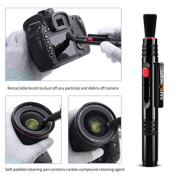 K&F CONCEPT Kit de Limpeza para Câmera 4 em 1 com Soprador de Ar + Caneta de Limpeza + Pano de Limpeza + Líquido de Limpeza para Lentes de Câmera / Filtros / Sensor / Tela