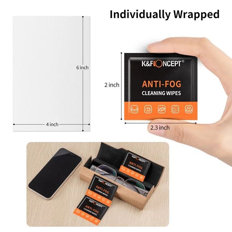 K&F CONCEPT KF08.036 120Pcs / Set Anti-Fog Cleaning Wipes for Camera Lens, Glasses, Cell Phone, Laptops 6x4 inch Large Size Fog-Proof Cleaning Wipes