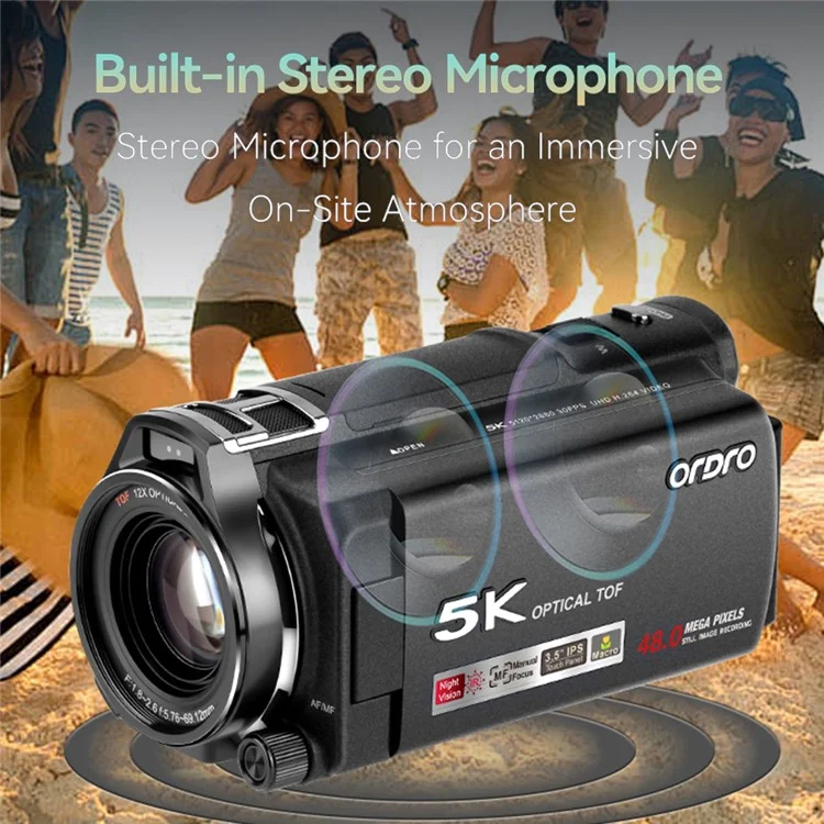 ORDRO XV80 5K Ultra HD Camcorder 3.5 Inch IPS Touch Screen 12X Optical Zoom Autofocus Digital Camera