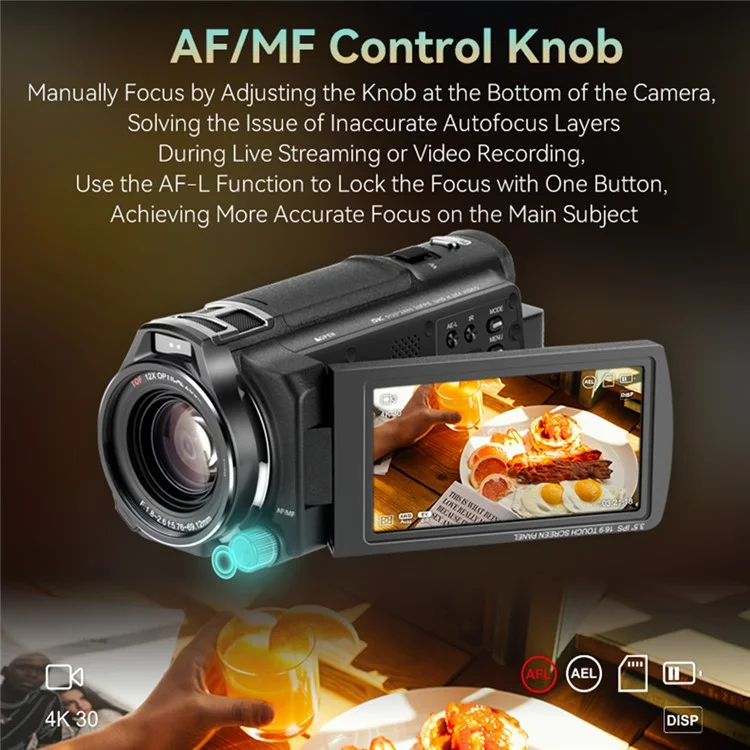 ORDRO XV80 5K Ultra HD Camcorder 3.5 Inch IPS Touch Screen 12X Optical Zoom Autofocus Digital Camera
