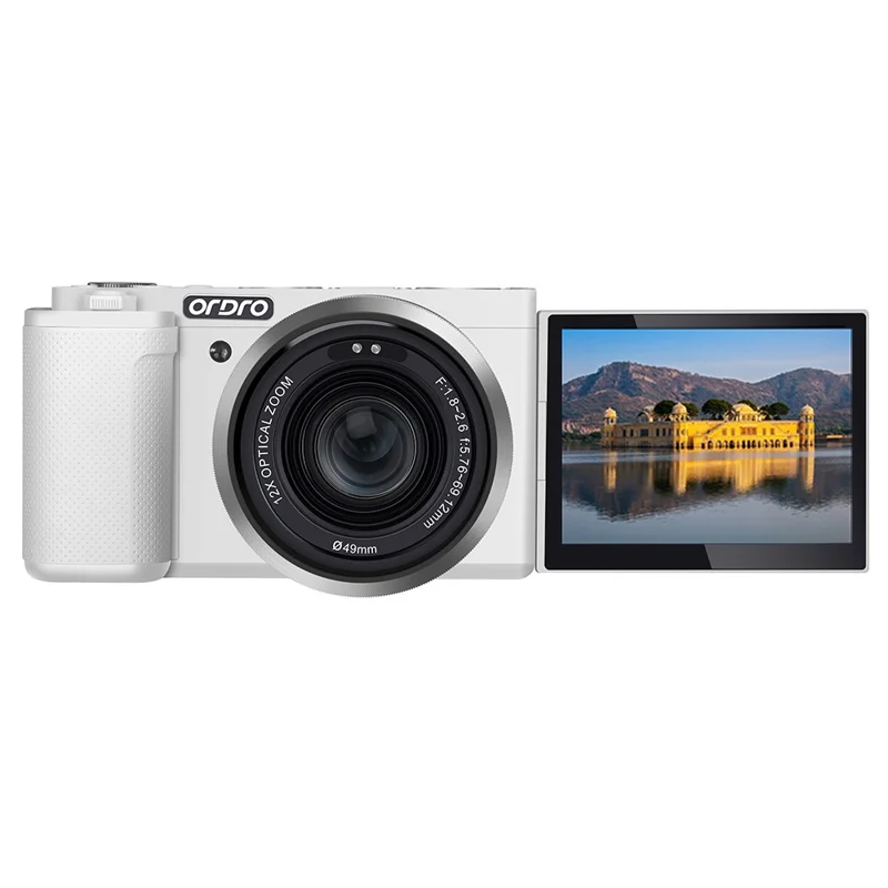 ORDRO G730 Digital Camera Side Flip 3.2 Inch IPS Touch Screen 12X Optical Zoom IR Night Vision 5K HD Mirrorless Cam - White