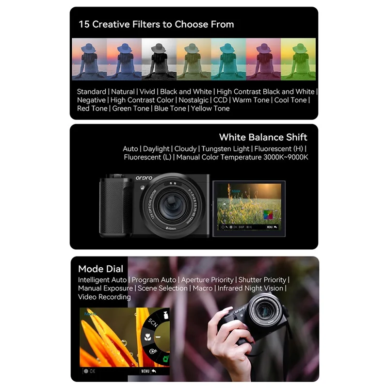ORDRO G730 Digital Camera Side Flip 3.2 Inch IPS Touch Screen 12X Optical Zoom IR Night Vision 5K HD Mirrorless Cam - White