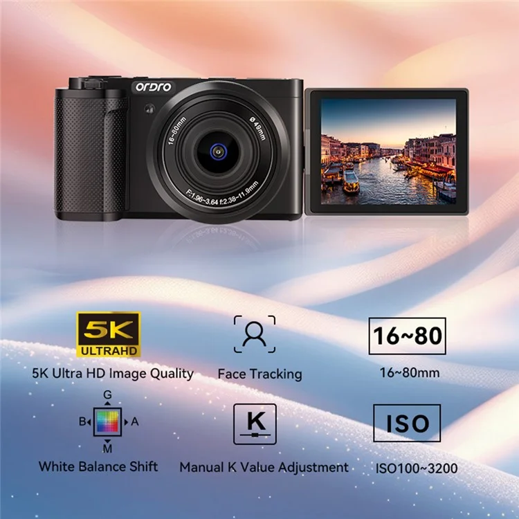 ORDRO G930 3.2 Inch IPS Touch Screen Camcorder Face Tracking 5K Ultra HD Digital Mirrorless Camera - Black