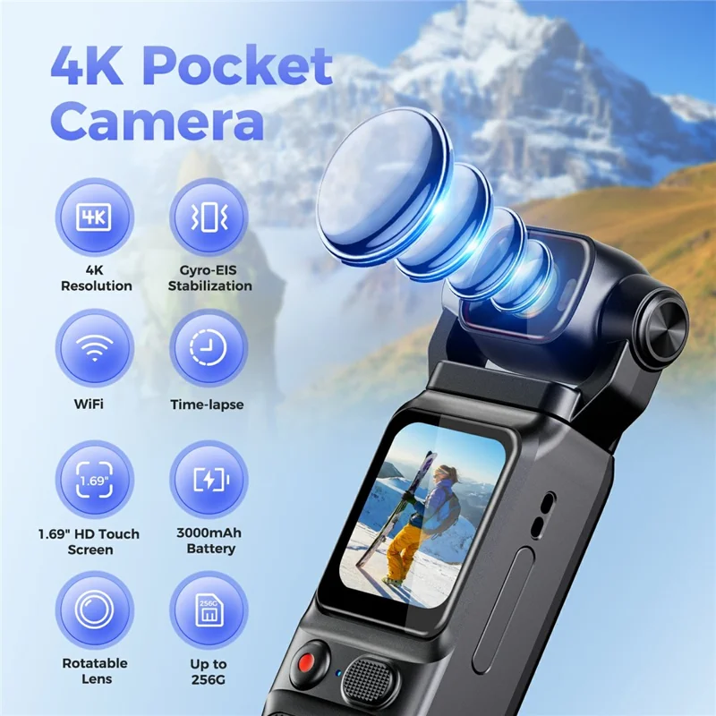 Telecamera d'azione wireless 4K con schermo touch da 1,69 pollici, stabilizzazione a giroscopio, per riprese all'aperto