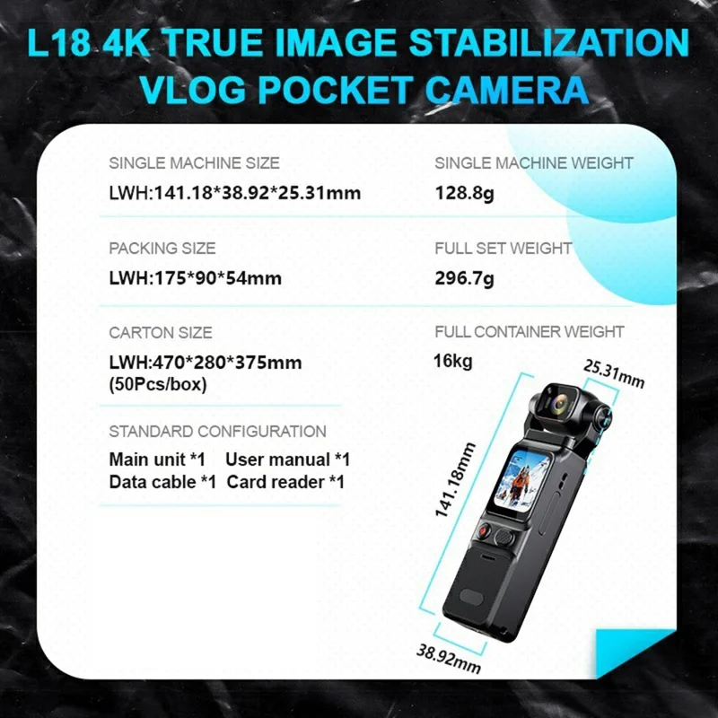 L18 1.69 Inch Touch Screen 4K Wireless Action Camera Gyroscope Stabilization Pocket Camera, with 64GB Card + Card Reader