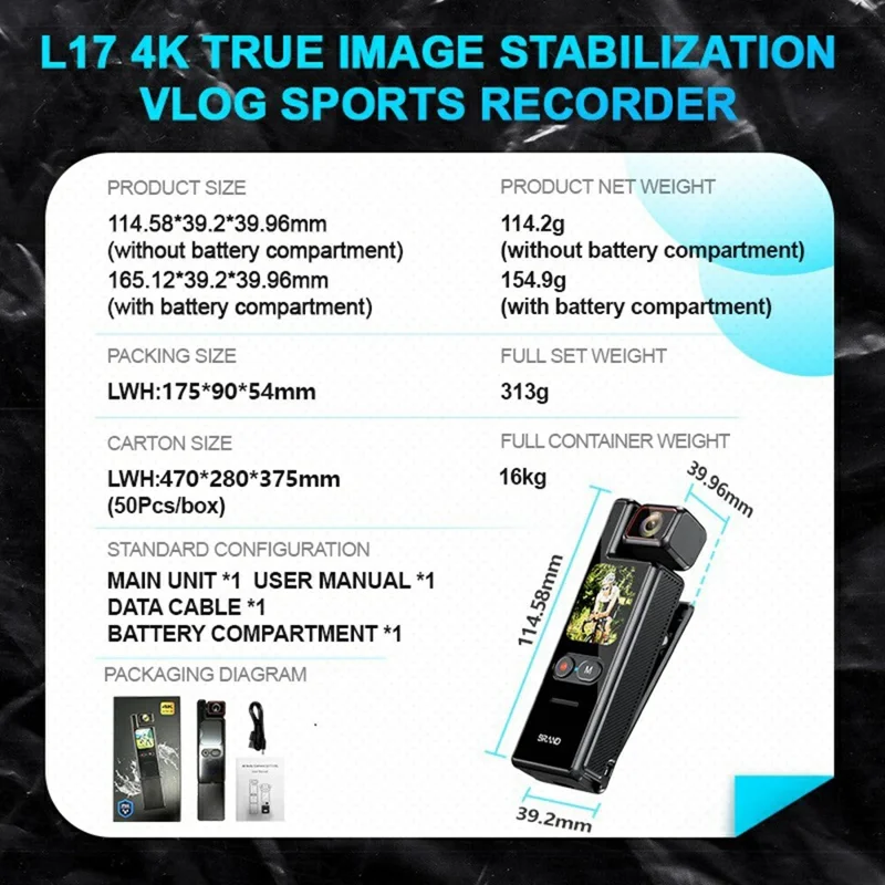 L17 1,69 Zoll 4K Kabellose Action-Kamera EIS Anti-Shake Touchscreen Camcorder mit 32 GB Karte + Kartenleser