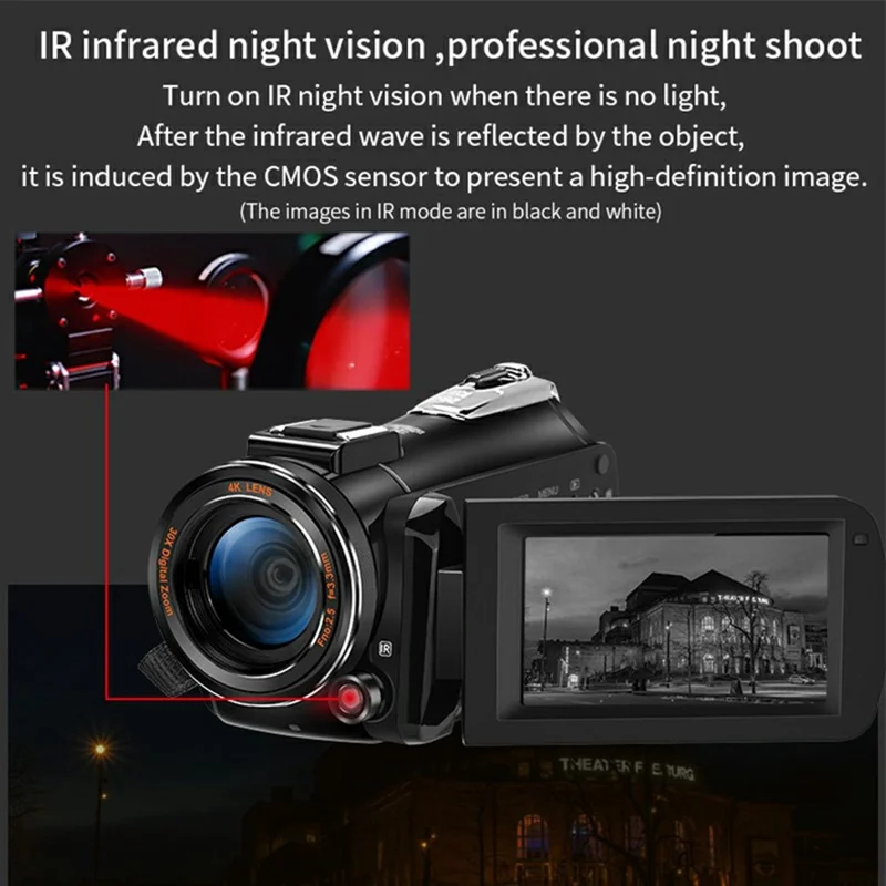 ORDRO AZ30 Câmera de Vídeo Digital 4K UHD com Tela Sensível ao Toque IPS de 3,0 Polegadas, Visão Noturna e Estabilização de Imagem (EIS) Anti-Shake