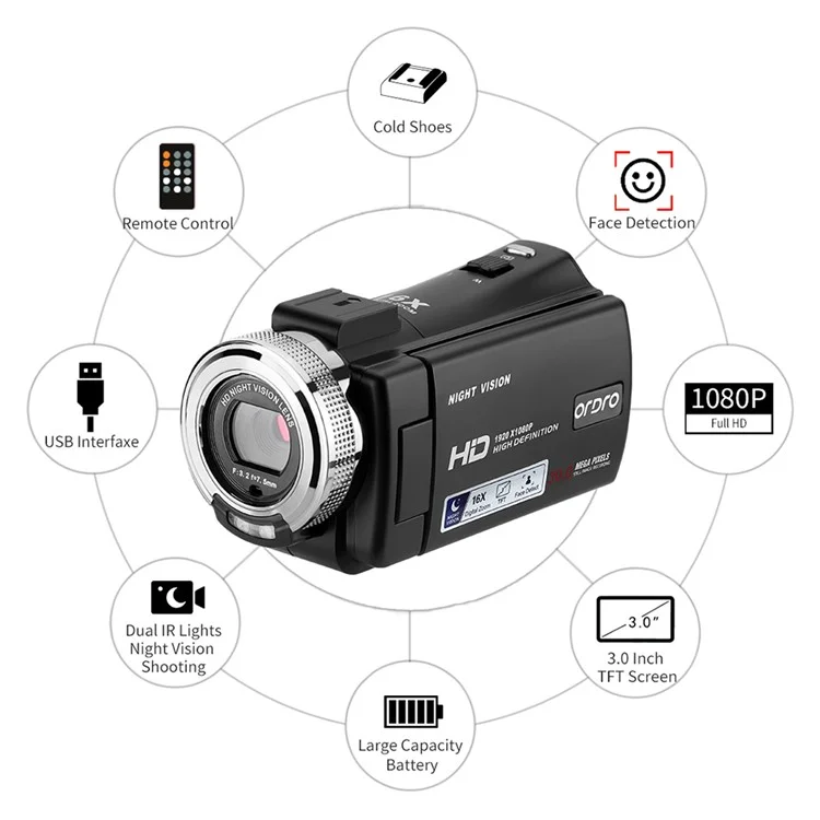 ORDRO V12 3.0 Zoll 1080P Full HD Videokamera EU-Stecker Unterstützung Nachtsicht Vlogging Kamera Recorder Home Camcorder