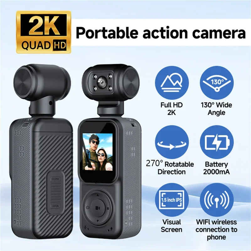 2K HD Night Vision Action Camera 270 Degree Rotatable Lens WiFi Enabled Pocket Thumb Camera