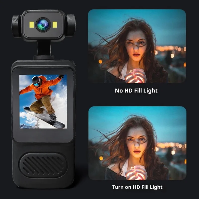 Cámara de bolsillo con pantalla de 1.54 pulgadas Y2, con luz de relleno, lente giratoria de 180 grados, clip de WiFi, videocámara, con tarjeta de 32 GB + lector de tarjetas