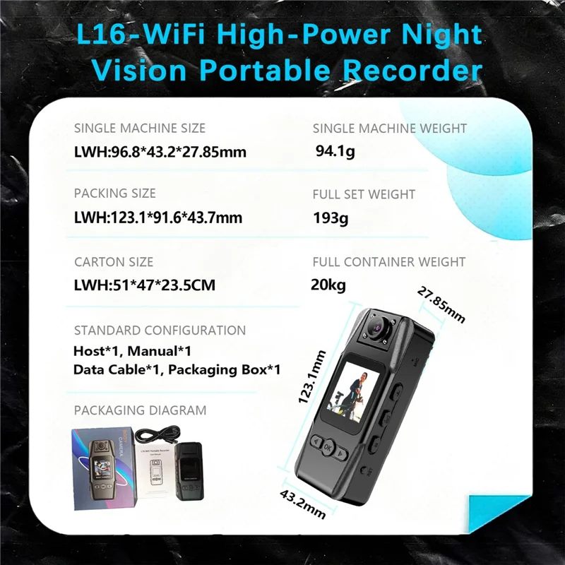 L16 WiFi Portable Conference Camera Outdoor Recorder HD Magnetic Clip-On Sports Camera with Infrared Night Vision - Black