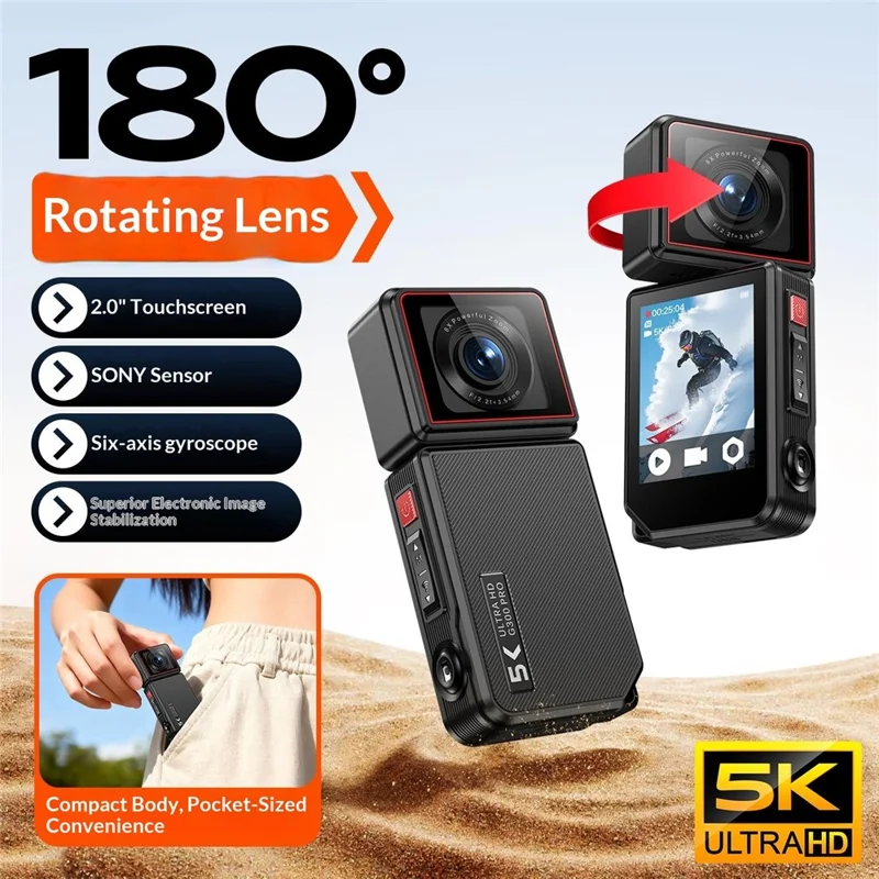 G300pro 2.0 Inch Touchscreen 5K HD Action Camera Electronic Image Stabilization Sports Camera with 180 Degree Rotating Lens - Black