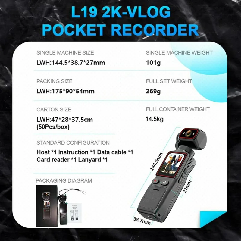 L19S 1.69 Inch 2K HD Handheld Vlog Camera Action Recorder For Cycling  /  Sports Recording - Black