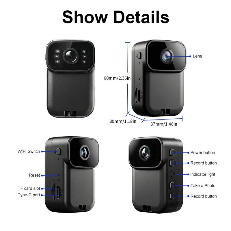 MD39 2MP Camera 1080P HD Video Recorder WiFi Hotspot Night Vision for Vlogging Security - Black