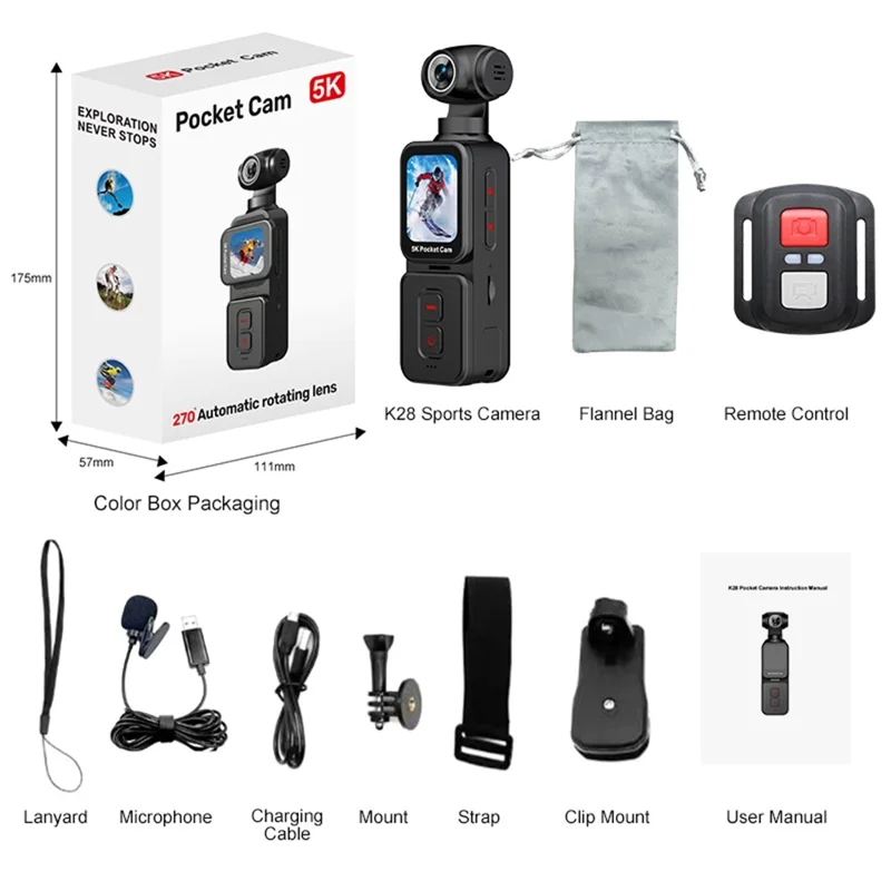 K28 5K Pocket Action Camera Outdoor Cycling Handheld Face Recognition Anti-shake Touch Sports Camera 
