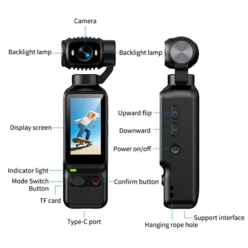 LK-032 1080P Handheld Vlog Action Camera 1.97 Inch HD Screen Sports Recording Camera with Rotatable Lens - Black